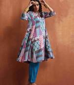 blue print flared anarkali kurta co-ord set