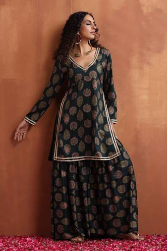 Truebrowns green foil print sharara set