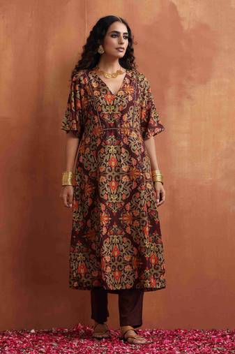 brown floral print kaftan kurta set