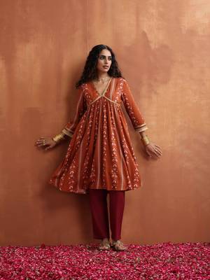 orange print anarkali kurta co-ord set 3