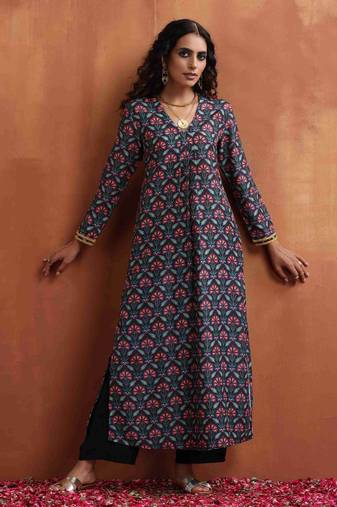 black floral print a-line kurta set