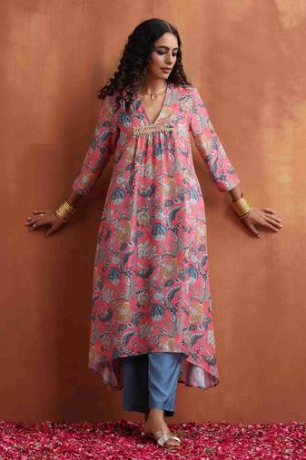 orange print a-line kurta set
