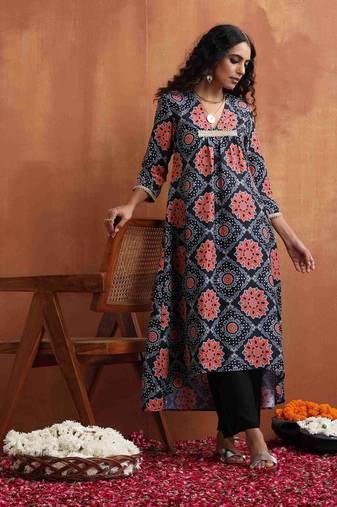 black ajrak print kurta set