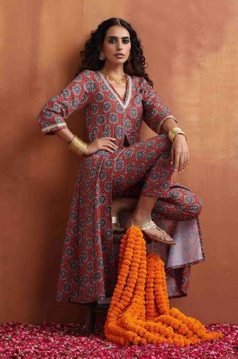 rust ajrak print slit kurta set