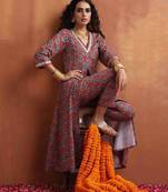 rust ajrak print slit kurta set