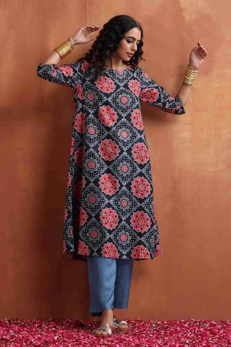 black ajrak print a-line kurta set