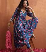 blue print flared anarkali kurta set