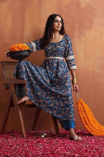 blue print flared anarakali kurta set