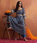blue print flared anarakali kurta set