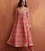 beige print flared anarkali kurta set