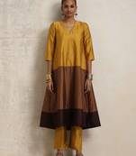  gold brown silk a-line kurta set