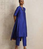 blue silk high slit kurta set
