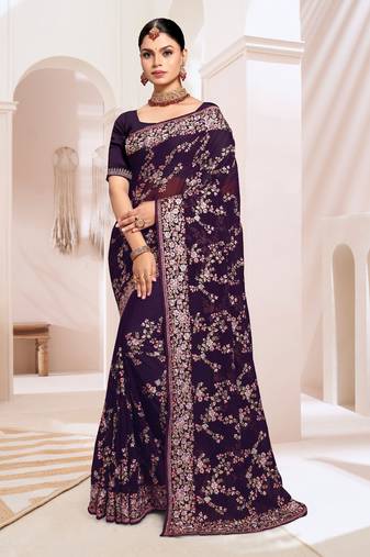 Purple Resham Embroidery Work Georgette Saree