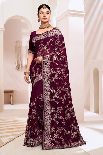 Wine Resham Embroidery Work Georgette Saree
