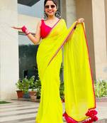 AWRIYA Vibrant Green Georgette Saree with Magenta/Rani Lace Border and Tassels