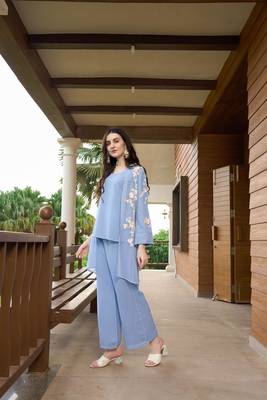 Nikhaar blue hand embroidery art silk jacket styles kurta & 3
