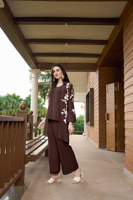 Nikhaar brown hand embroidery art silk jacket styles kurta & 3