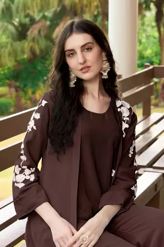 Nikhaar brown hand embroidery art silk jacket styles kurta &