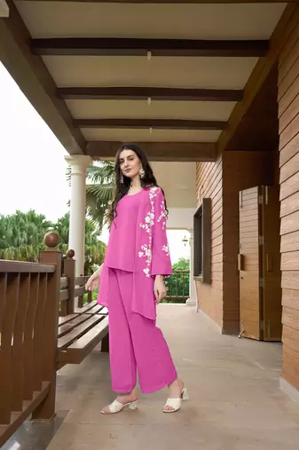 Nikhaar pink hand embroidery art silk jacket styles kurta &