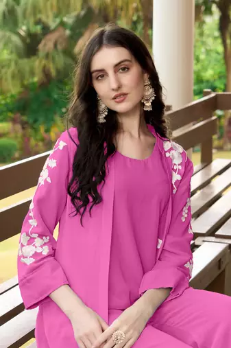 Nikhaar pink hand embroidery art silk jacket styles kurta &