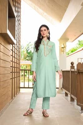 Nikhaar light green hand embroidery art silk straight cut kurta & 1