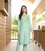 Nikhaar light green hand embroidery art silk straight cut kurta &