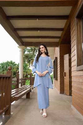 Nikhaar blue hand embroidery art silk jacket styles culottes kurta & set 1