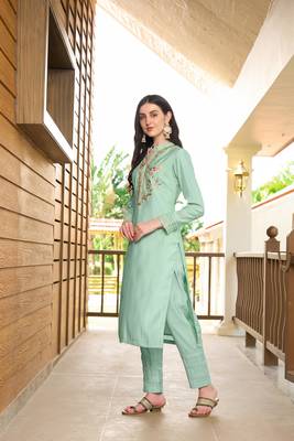 Nikhaar light green hand embroidery art silk straight cut kurta & 3