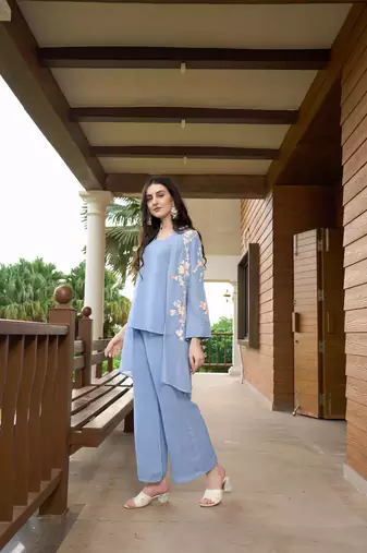 Nikhaar blue hand embroidery art silk jacket styles culottes kurta & set