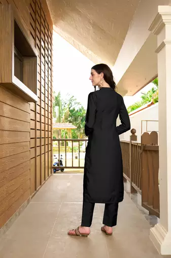 Nikhaar black hand embroidery art silk straight cut kurta &