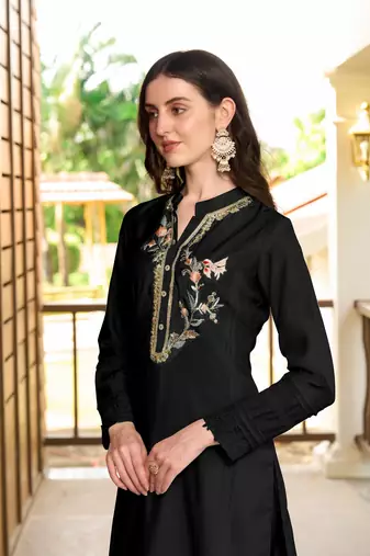 Nikhaar black hand embroidery art silk straight cut kurta &