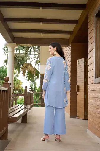 Nikhaar blue hand embroidery art silk jacket styles culottes kurta & set