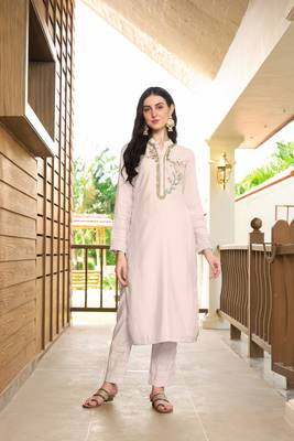 Nikhaar off white hand embroidery art silk straight cut kurta & 1