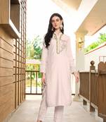 Nikhaar off white hand embroidery art silk straight cut kurta &