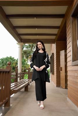 Nikhaar black hand embroidery art silk jacket styles culottes kurta & set 1