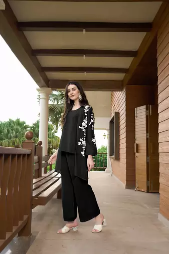 Nikhaar black hand embroidery art silk jacket styles culottes kurta & set