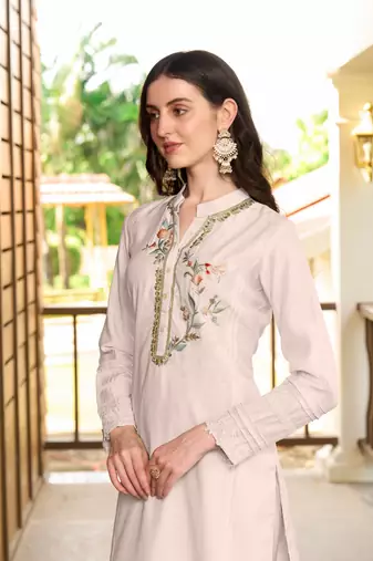 Nikhaar off white hand embroidery art silk straight cut kurta &