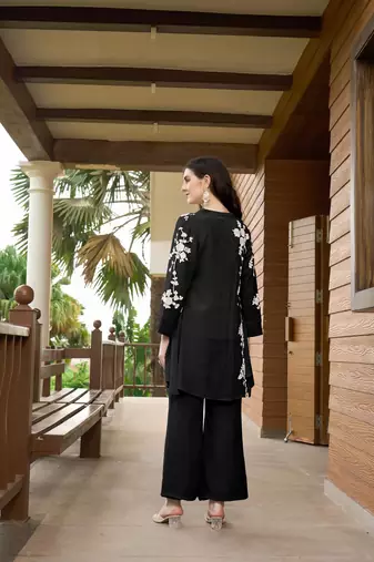 Nikhaar black hand embroidery art silk jacket styles culottes kurta & set