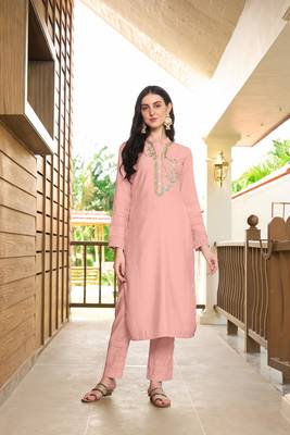 Nikhaar light pink hand embroidery art silk straight cut kurta & 1