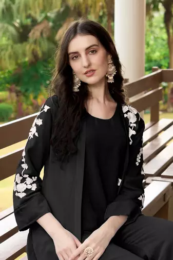 Nikhaar black hand embroidery art silk jacket styles culottes kurta & set