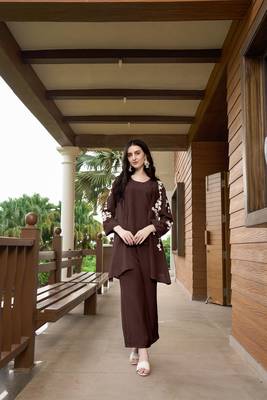 Nikhaar brown hand embroidery art silk jacket styles culottes kurta & set 1
