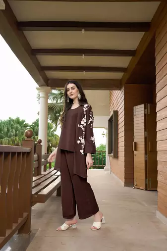 Nikhaar brown hand embroidery art silk jacket styles culottes kurta & set