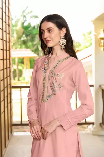 Nikhaar light pink hand embroidery art silk straight cut kurta &