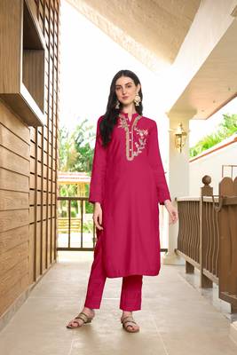 Nikhaar pink hand embroidery art silk straight cut kurta & 1