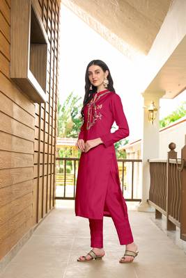 Nikhaar pink hand embroidery art silk straight cut kurta & 3