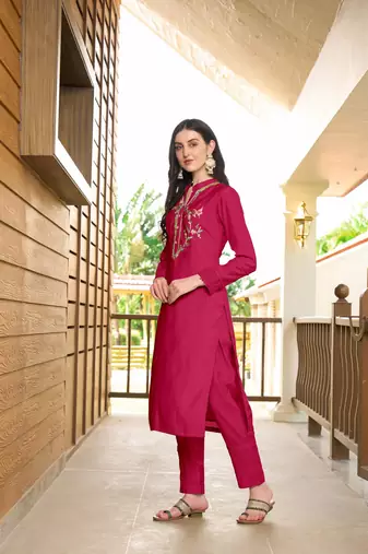 Nikhaar pink hand embroidery art silk straight cut kurta &