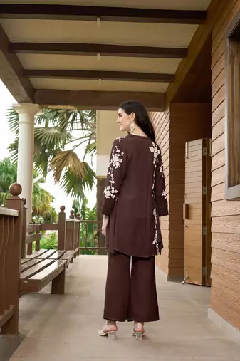 Nikhaar brown hand embroidery art silk jacket styles culottes kurta & set