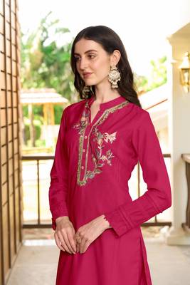 Nikhaar pink hand embroidery art silk straight cut kurta & 5