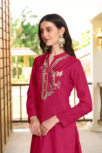 Nikhaar pink hand embroidery art silk straight cut kurta &