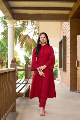 Nikhaar maroon hand embroidery art silk a line kurta & 1